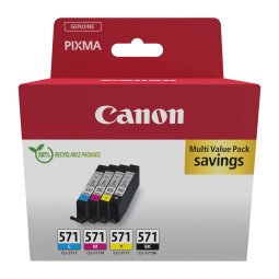 Canon CLI571 Pack mit 4 Tintenpatronen - 1 schwarze und 3 Farben für Tintenstrahldrucker 