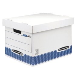 Kartonischer Standardautomatik-Aufbewahrungskasten Bankers Box von Fellowes - H 29,20 x B 33,50 x T 40,40 cm - Einfacher Aufbau - Blau