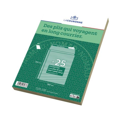 La Couronne - Pochette à soufflets 3 cm kraft brun armé 260 x 330 mm 130 g sans fenêtre - Paquet de 25