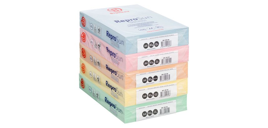 Papier couleur A4 80 g Bruneau Reprosun couleurs pastel - Carton de 5 ramettes de 500 feuilles
