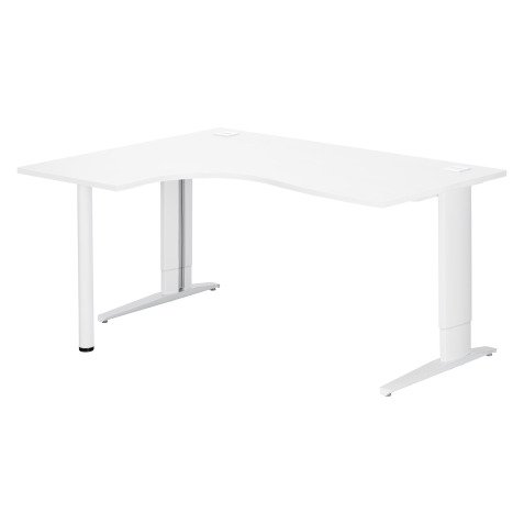Bureau compact blanc retour à droite réglable en hauteur L 160 cm piètement métal Plus Essens