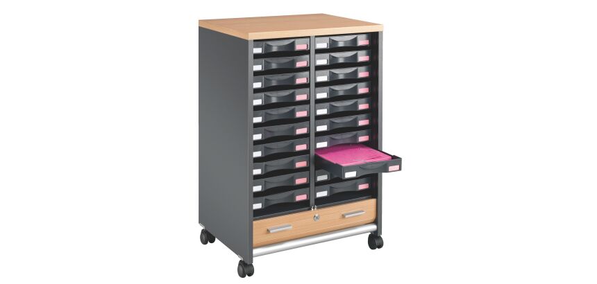 Dessertes mobile aluminium - rideaux hêtre Multiclass 20 tiroirs