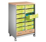 Dessertes mobile aluminium - rideaux hêtre Multiclass 12 tiroirs