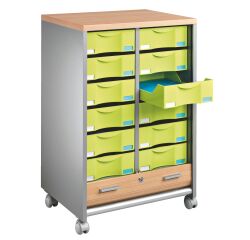 Dessertes mobile aluminium - rideaux hêtre Multiclass 12 tiroirs