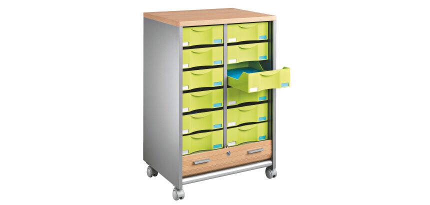 Dessertes mobile aluminium - rideaux hêtre Multiclass 12 tiroirs