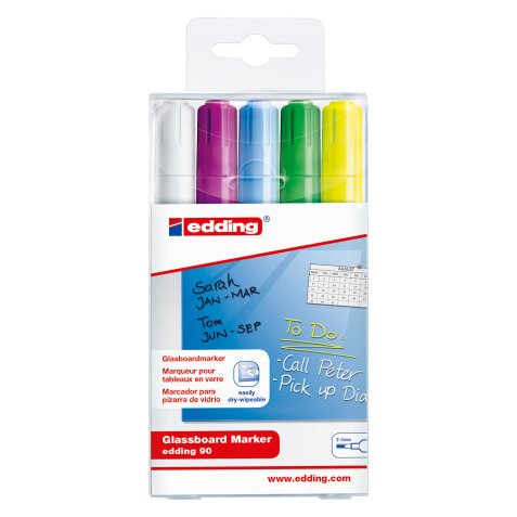 Erasable marker EDDING E90 for glassboard - sleeve of 5 assorted colors 