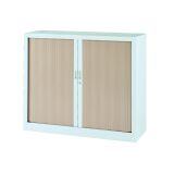Armoire basse à rideaux monobloc Mario H 100 x L 120 blanc - chêne clair