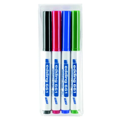 Uitwisbare marker Edding 661 met brede punt van 1 à 2 mm - etui van 4 geassorteerde kleuren