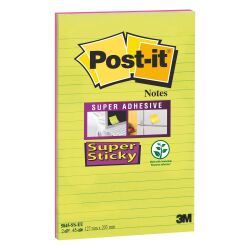 Notes lignées repositionnables couleurs Néon Super Sticky Post-it 127 x 203 mm assortis - bloc de 45 feuilles