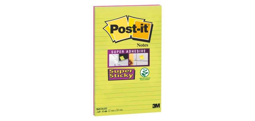 Notes lignées repositionnables couleurs Néon Super Sticky Post-it 127 x 203 mm assortis - bloc de 45 feuilles