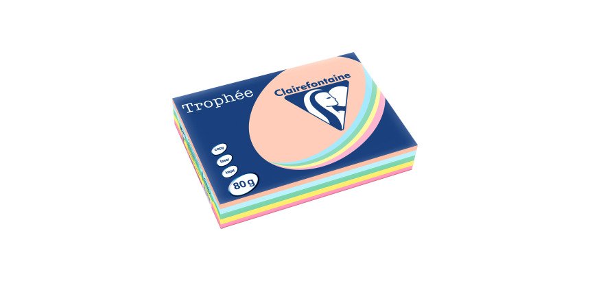 Ramette papier couleur Clairefontaine Trophée couleurs pastel assorties A4 80 gr - 5 x 100 feuilles