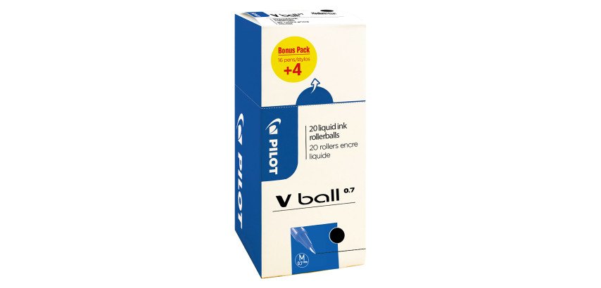 Pack 16 stylos roller PILOT V-BALL 0.7 mm capuchon + 4 offerts