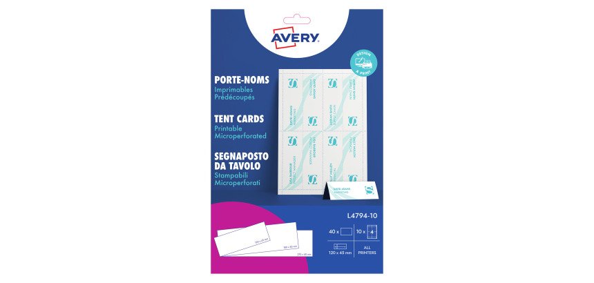 Chevalet porte-nom Avery papier 45 x 120 mm - Boîte de 40