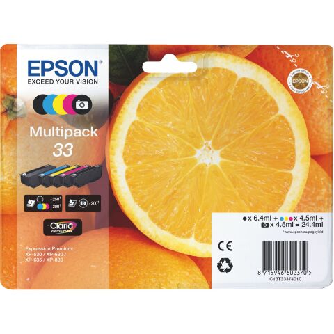 Epson 33 Pack 5 cartuchos originales Negro + negro foto + tricolor (250 + 200 + 3 x 200 páginas)