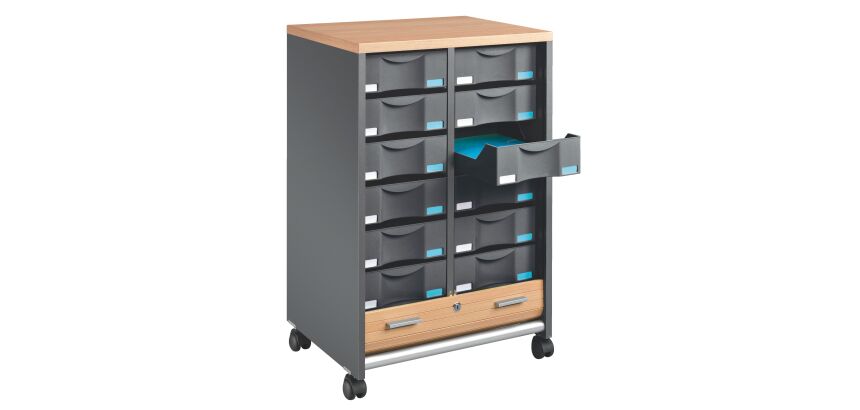 Dessertes mobile anthracite - rideaux hêtre Multiclass 12 tiroirs