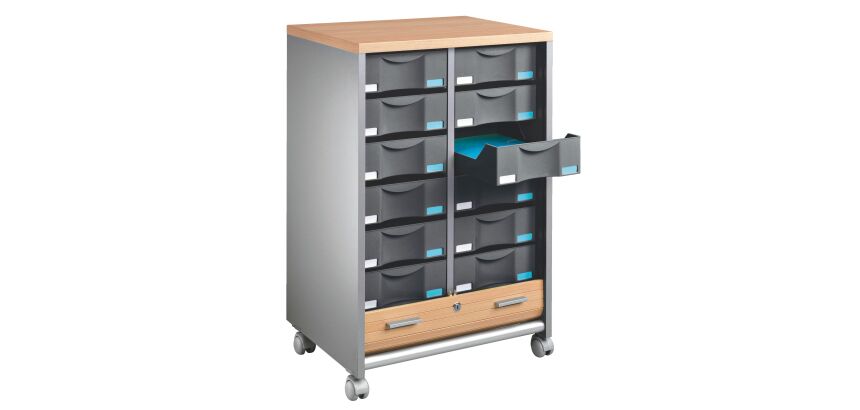 Dessertes mobile aluminium - rideaux hêtre Multiclass 12 tiroirs