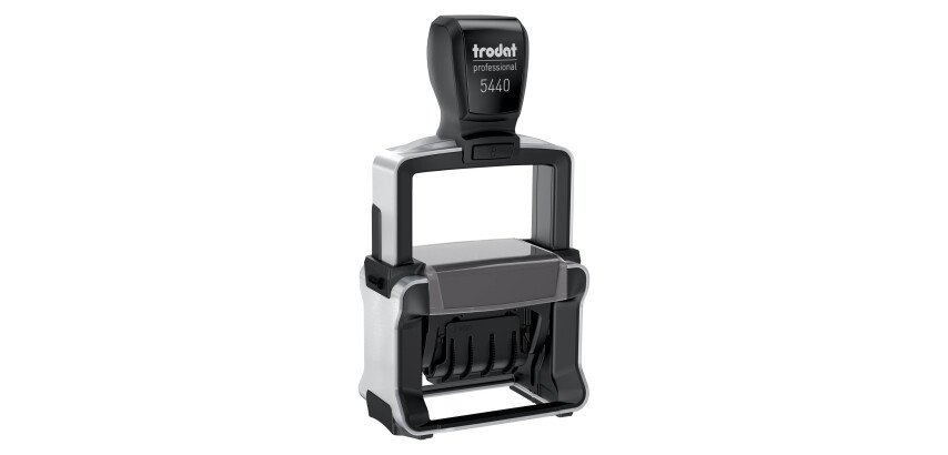 Trodat Metal Line 5440 sello fechador con texto personalizado bicolor 4 líneas + fecha