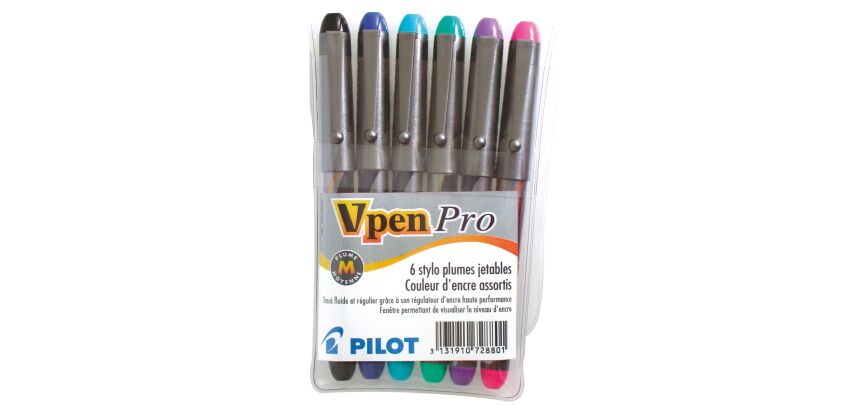 Stylo plume Pilot V-Pen Silver Designe écriture moyenne - Pochette de 6 couleurs fun