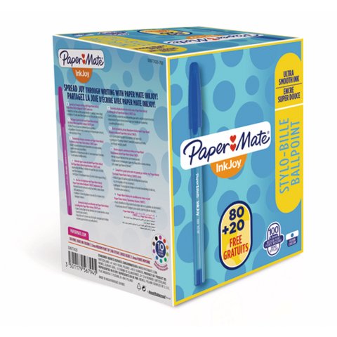Pack 80 bolígrafos Papermate Inkjoy 100 con capuchón + 20 GRATIS azul