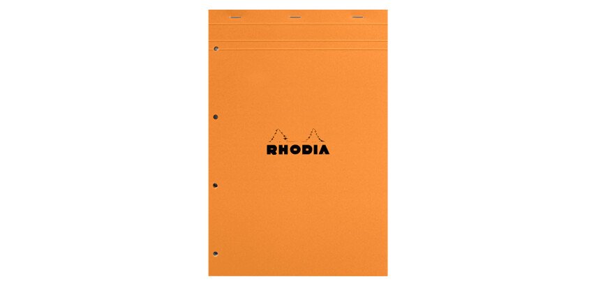 Notepad Rhodia orange stapled and perforated 4 holes 80 sheets large squares n°20 size A4+ 21 x 31.8 cm