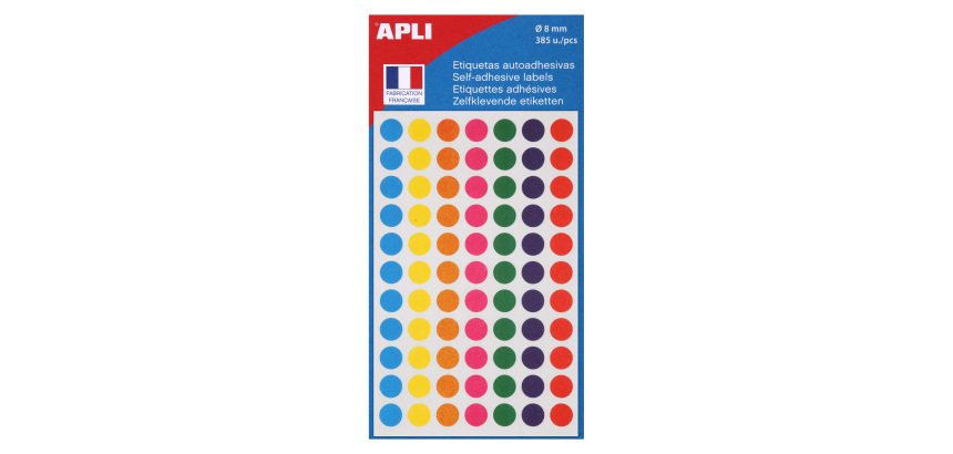 Pastilles adhésives Ø 8 mm couleurs assorties - Pochette de 385 gommettes