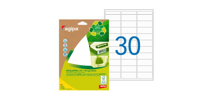 Etiquette adresse jet d'encre et laser recyclée 38 x 19 mm Agipa 101245 blanche - Boîte de 420