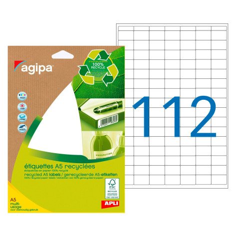 Pack von 1568 recycleten Adressetiketten 12 x 18,3 mm Agipa 101242 weiß Tintenstrahl und Laser