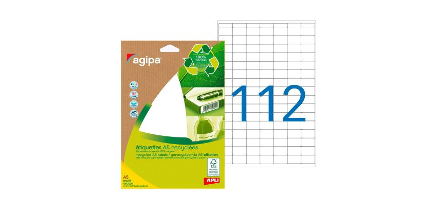Pack of 1568 recycled address labels 12 x 18,3 mm Agipa 101242 white inkjet and laser