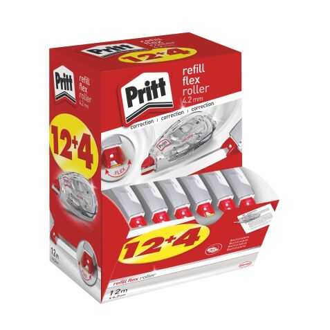 Pack de 12 correcteurs à sec rechargeables Flex Roller Pritt largeur 4,2 mm - Longueur 12 m + 4 offerts