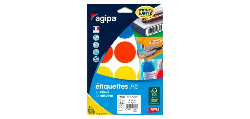 Pastille adhésive Ø 45 mm Agipa 101829 couleurs assorties - Pochette de 84