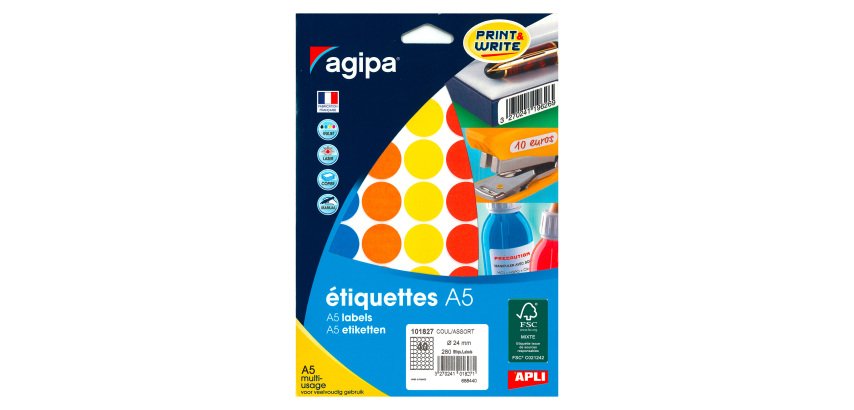 Pastille adhésive Ø 24 mm Agipa 101827 couleurs assorties - Boîte de 280