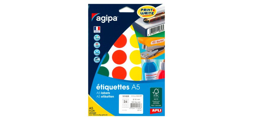 Pastille adhésive Ø 30 mm Agipa 101828 couleurs assorties - Pochette de 168