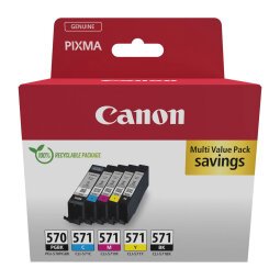 Pack mit 5 Tintenpatronen Canon PGI570 + CLI571 2 schwarze und 3 Farben für Tintenstrahldrucker