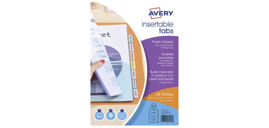 Double pochettes intercalaires perforées multicolores A4 Avery - polypropylène 18/100e - 8 onglets - 1 jeu
