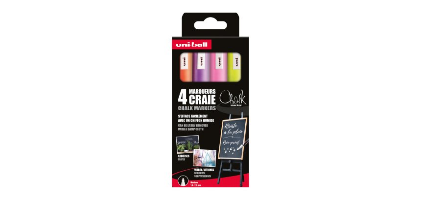 Marqueur craie liquide Uni-Ball Chalk pointe ogive moyenne 1,8 à 2,5 mm- pochette de 4 assortis