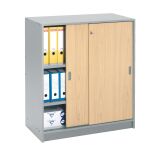 Schrank Harmonie H 100 x B 90 x T 44 cm, Aluminium-Gehäuse, Schiebetüren aus Holz.