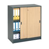 Armoire basse bois H 100 x L 90 cm portes coulissantes hêtre corps anthracite Harmonie