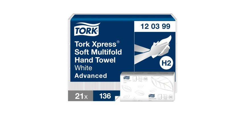 Essuie-mains pliage enchevêtré Tork H2 Advanced doux - Carton de 2856