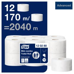 Toilet paper Mini Jumbo double thickness Tork T2 Advanced - Pack of 12 rolls 170 m