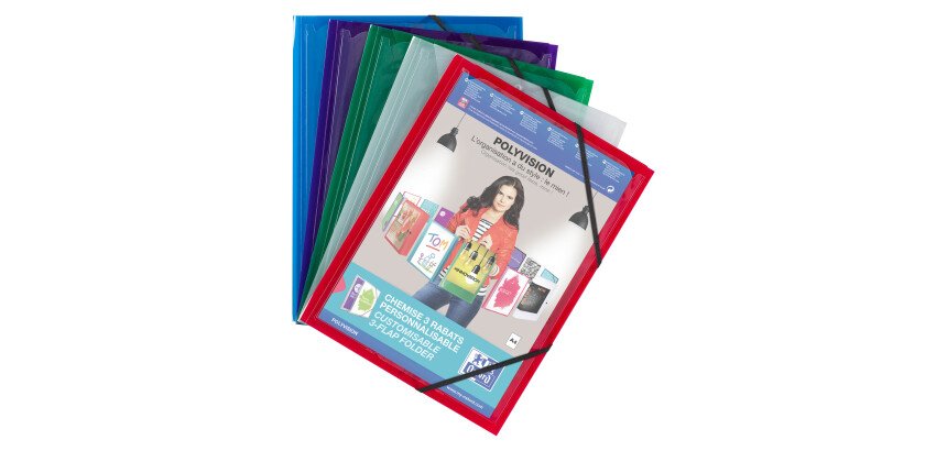 Chemise à élastique 3 rabats plastique personnalisable Oxford Polyvision 24 x 32 cm dos 1,5 cm couleurs assorties