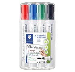 Marqueur effaçable rechargeable Staedtler Lumocolor 351 pointe ogive 2 mm - Pochette de 4 couleurs assorties
