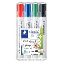Marqueur effaçable rechargeable Staedtler Lumocolor 351 pointe ogive 2 mm - Pochette de 4 couleurs assorties
