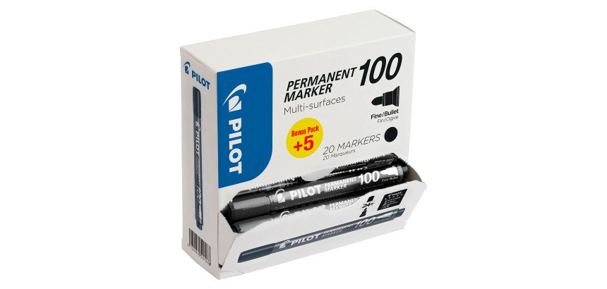 Pack de 15 marqueurs permanents Pilot 100 pointe conique 4,5 mm noirs + 5 offerts