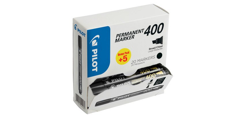 Pack de 15 marqueurs permanents Pilot 400 pointe biseautée 4,5 mm noirs + 5 offerts