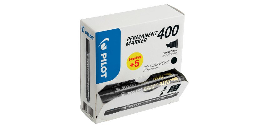 Pack de 15 marqueurs permanents Pilot 400 pointe biseautée 4,5 mm noirs + 5 offerts