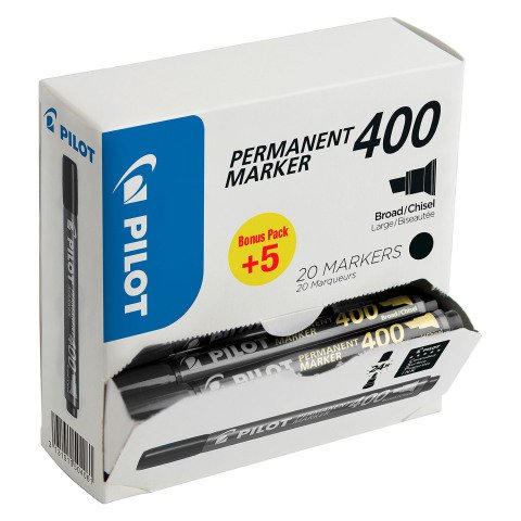 Pack de 15 Rotulador permanente Pilot 400 punta biselada 4,5 mm negros + 5 GRATIS