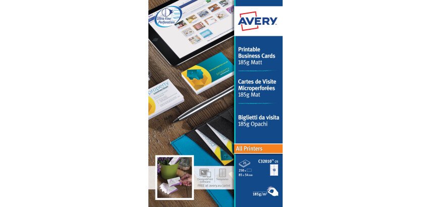 Carte de visite microperforée Avery format 85 x 54 mm blanche mat - 185 gr- Pochette de 250