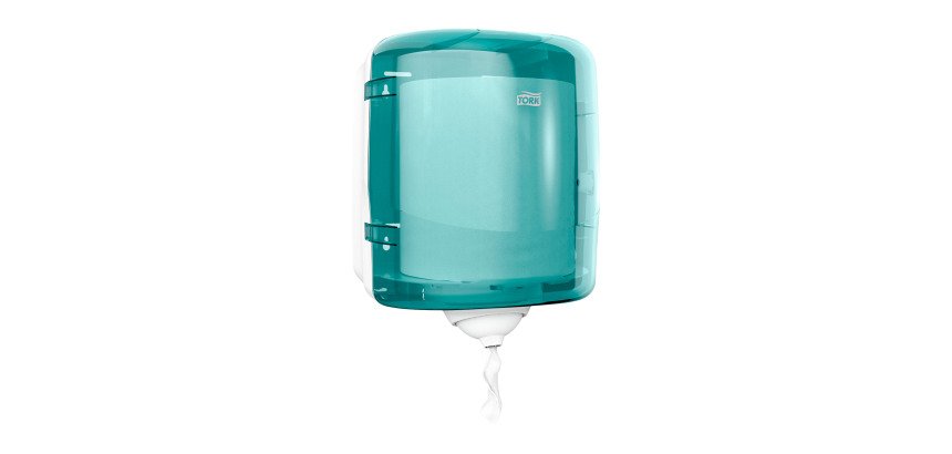 Distributeur pour bobine d'essuyage à dévidage central Tork M4 Maxi Reflex blanc-bleu