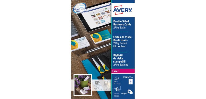 Tarjetas de visita láser Avery Quick and Clean C32026 85 x 54 mm 270 g blancos - Paquete de 100