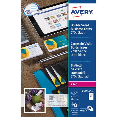 Tarjetas de visita láser Avery Quick and Clean C32026 85 x 54 mm 270 g blancos - Paquete de 100